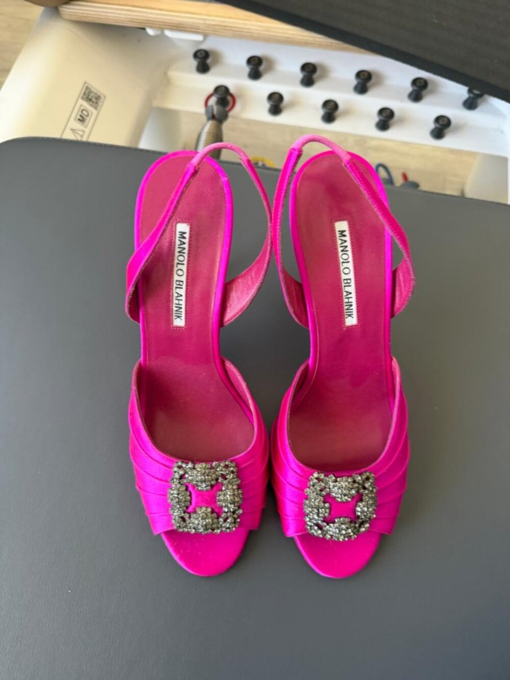 Manolo Blahnik Pink Satin Crystal Slingback Heels – Size 38